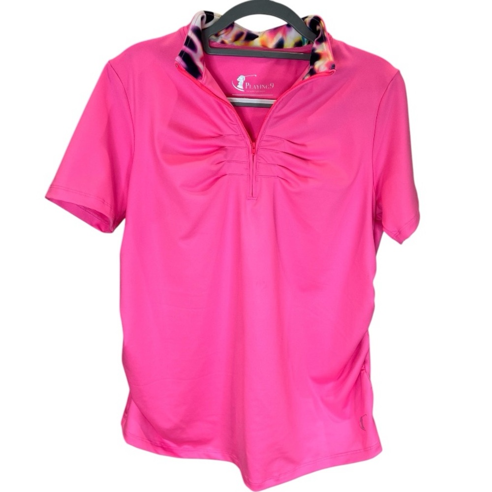 Playing9 XL women’s golf top hot pink colorful animal print collar. Maternity